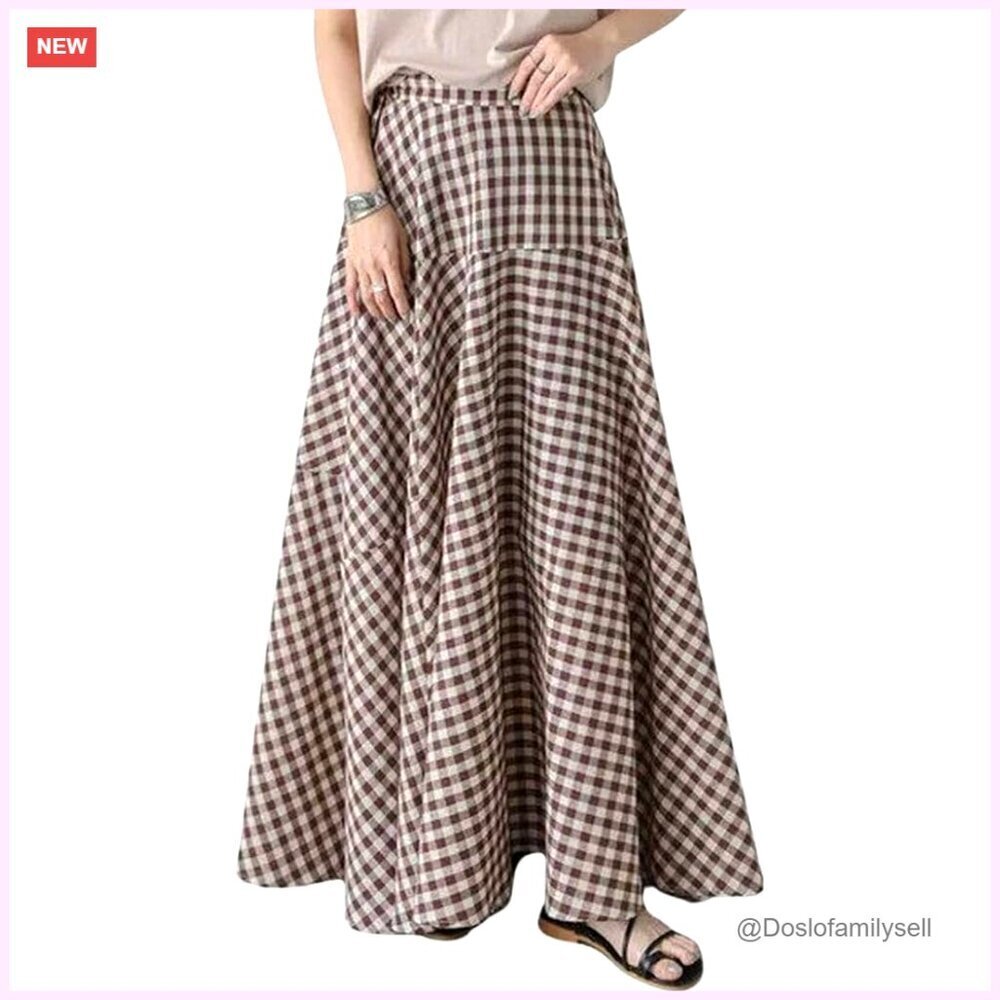 Women's Retro Plaid Maxi Skirt A-Line Pleated Elastic High Waisted Flared
